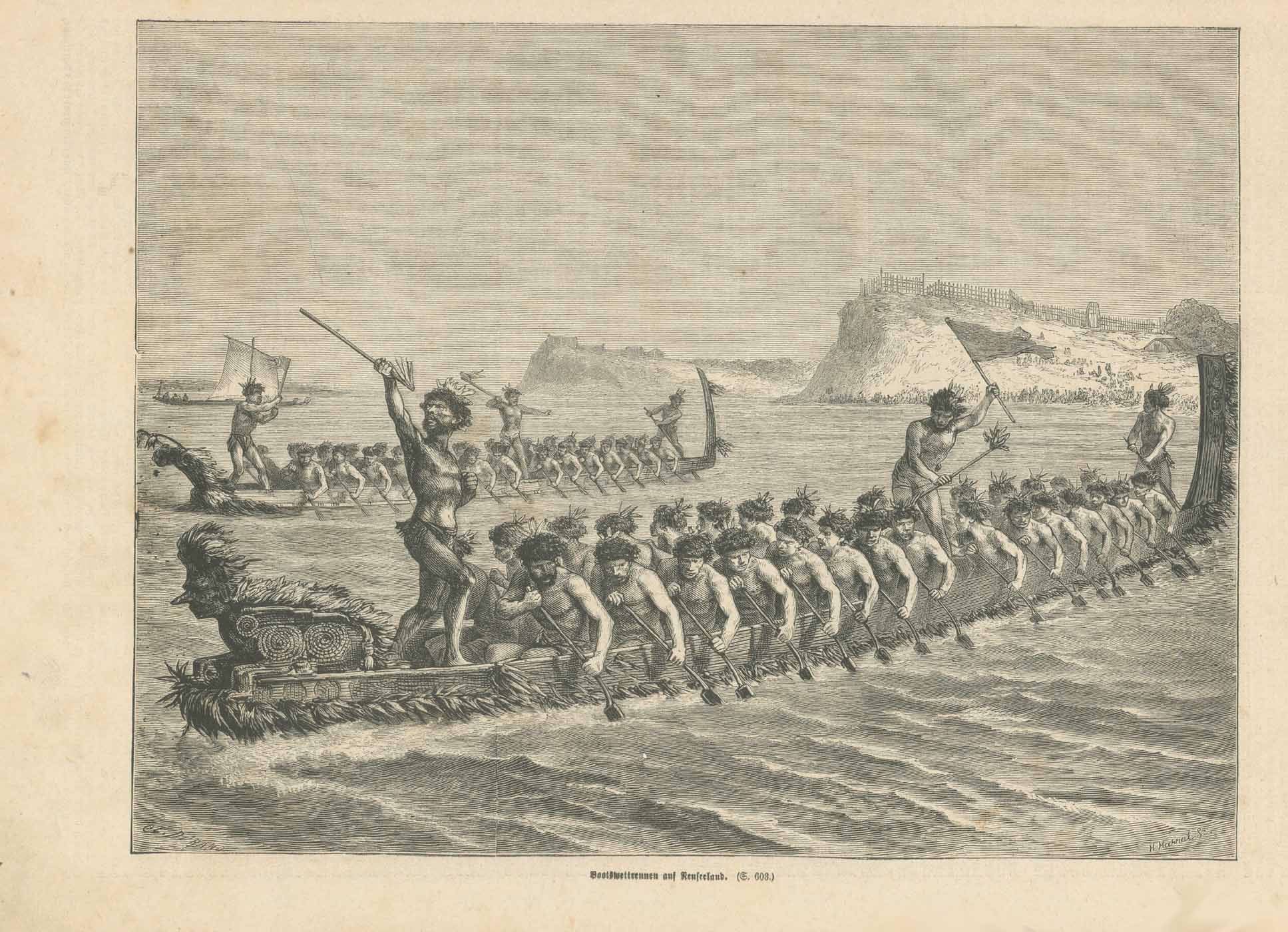 Original antique print  Sports, New Zealand, Boat race, Maori, H. Harald, C. Durand, "Bootswettrennen auf Neuseeland"  Maori boat races in New Zealand. Astonishing 30 sporty men rowing in each of the boats during a boat race event.  Wood engraving by H. Harald after the drawing by C. Durand. Published in a German periodical 1872.