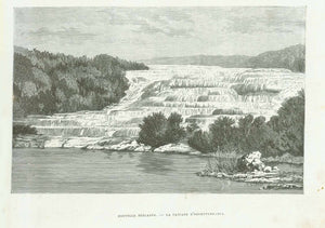 Original antique print  New Zealand, Otukupuerangi, Waterfall, Cascade, Rotohmahana Lake, "Nouvelle Zeelande. La Cascade D'Otukupuerangi"  Wood engraving published 1878. 