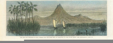 Original antique print  New Zealand, Makanga, Sherry River, Hokianga, "The Gig and Whaler of H.M.S. Gorgon offthe high hill of Makanga, in the River Sheri" (Sherry9  Wood engraving published 1862. Hand coloring. Upper margin is narrow. On the reverse side is unrelated text.