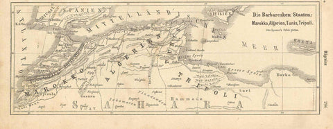 "Die Barbaresken Staaten: Marokko, Algerien, Tunis, Tripoli"  Wood engraving map on a page of text. publshed ca 1875.  Original antique print  