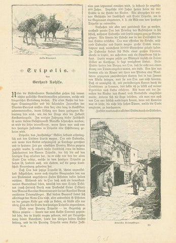 "Halfa-Transport" "Roemischer Triumphbogen"  "Markt laengst der Stadetmauer" "Markt vor dem Thore der Stadt"  "Kastell in Tripolis" "Arabisches Zeltdorf"  "Tripolis" "von Gerhard Rohlfs"  4 separate pages with 19 images (wood engravings) and text about Tripolis by Friedrich Gerhard Rohlfs (1831-1896). He belonged to the Foeign Legion in Algeria and traveled extensively in North Africa and the Sahara. Published ca 1875.