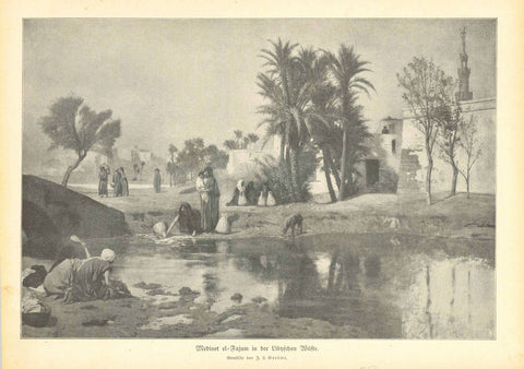Antique print, "Medinet el-Fajum in der Libyschen Wueste"   North Africa, Libya, Medinet el-Fajum  Wood engraving made after a painting by J. L. Gerome ca 1900.  Original antique print  