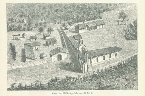 Original antique print  of "Kirche und Missionsgebaeude von El Obeid" Sudan, Church and mission buildings in El Obeid (al-Ubayid)   Wood engraving on a page of text about the mission in Sudan that continues on the reverse side of the page with an image of Dom Luigi Bonomi. Published ca 1895.