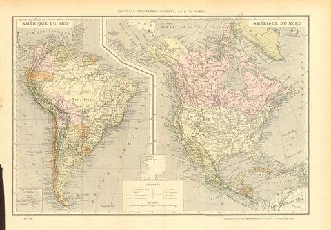 Antique map, "Amerique du Sud Amerique du Nord"  South America, North America  For a 30% discount enter MAPS30 at chekout   Map of South and North America printed in color ca 1890. Of special interest is the small map in the lower center of France. It shows the size of these two very large continents in comparison to France. In the lower left is a small map inset of the Galapagos Islands. In the upper right is Iceland.  Original antique print  