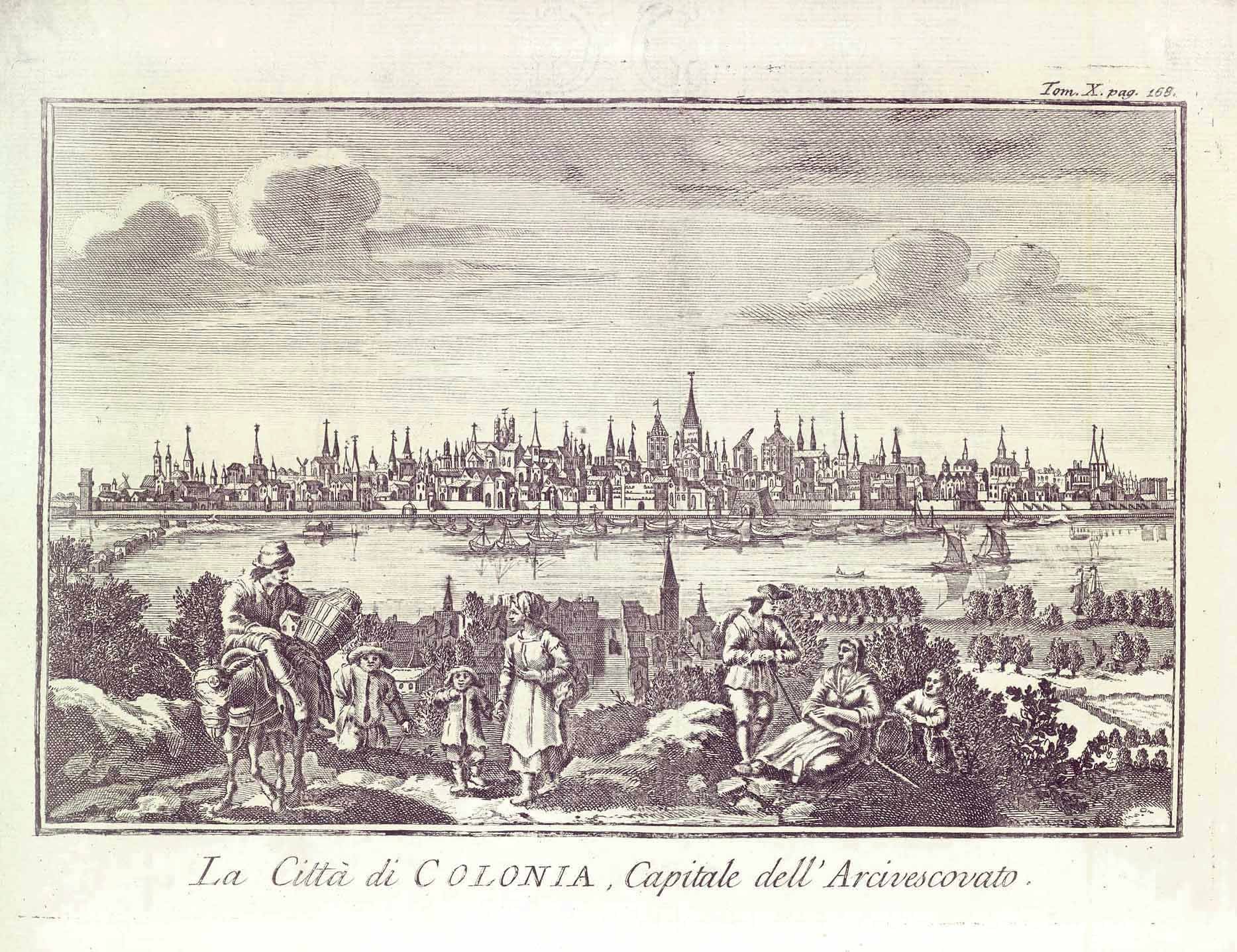 Original antique print of  Koeln - Cologne. - "La Citta di Colonia, Capitale dell' Arcivescovato".  Copper engraving  Published in: "Lo Stato Presente Di Tutti I Paesi E Popoli Del Mondo."  Von Thomas Salmon (1679-1767)  Venice, 1745 / 48  View of Cologne (Koeln) across the Rhine from Deutz.  The unfinished cathedral shown in the panorama with a building crane