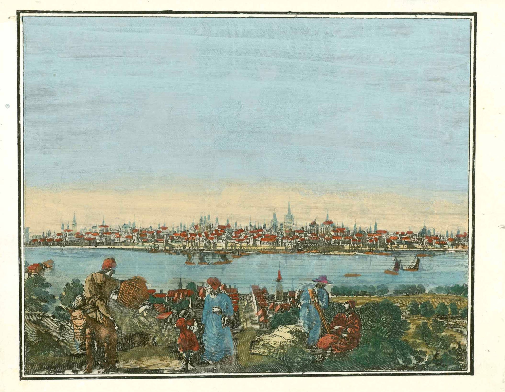 Original antique print   Ohne Titel. Cologne (Koeln) Panorama view of the famous city on the Rhine from Deutz across the river.  Hand-colored copper engraving  Published in "Hecatompolis sive Totius Terrarum Oppida Nobiliora Centrum..." by Peter Schenk (1660-1711) in Amsterdam, 1702  A RARE print!