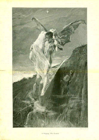 "Der Teufel"

The Devil

Original antique print&nbsp;&nbsp;

Winged your devil carrying young naked nymph down and away.

Wood engraving after the painting by Josef Arpad Koppay (1859-1927).

Clean. Wide margins. Horizontal centerfold. Reverse side blank

Published by Richard Bong in Meisterwerke der Holzschneidekunst.

Berlin, ca. 1900