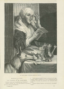 Original antique print  "La Vielle femme, de Jordaens (musee du Louvre)"  Wood engraving made after the painting by Jacob Jourdeans, dated 1878.