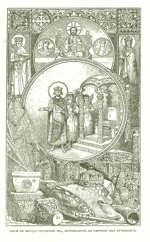 "From an Antique Byzantine MS., Representing an Emperor and Attendants"  Religious, Orthodox, Christian, Byzantine  Wood engraving published ca 1875.  Original antique print&nbsp;&nbsp;