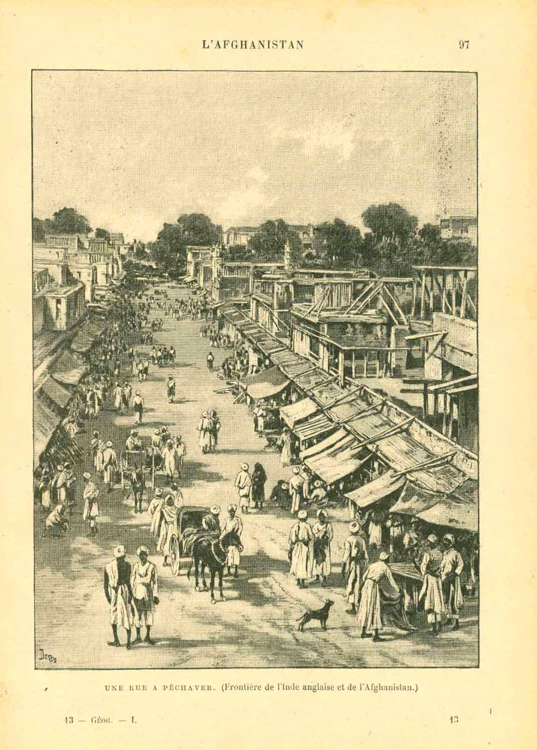 Original antique print  of "Une Rue A Pechaver. (Frontiere de L'Inde anglais et de l'Afghanistan)"

Pakistan, Peschawar, Khyber Pakhtunkhwa

Zincograph published ca 1890.