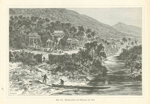 Original antique print  "Mandaya-Dorf auf Mindanao"  Wood engraving published ca 1885.