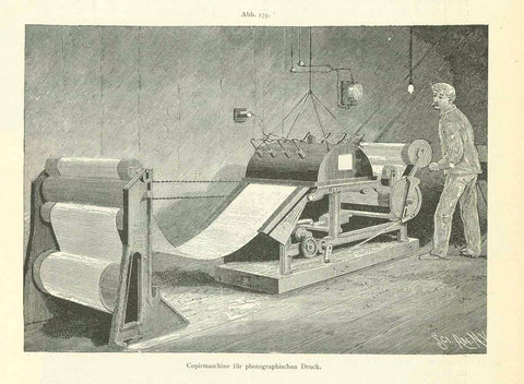 Original antique print  Technology, Printing,  Photography, Photo printing, Photographic processing, Film development,  "Copirmaschine fuer photographischen Druck"  Wood engraving on a page of text about photography that continues on the reverse side. Published 1897.