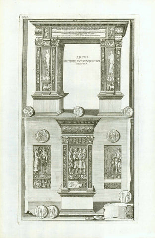 "Arcus Septimo Antonio Et Ivliae Erectus"

Fine Copper engraving from "Utriusque thesauri antiquitatum romanorum
graecarumque nova supplementa congesta ab Joanne Polano"

Giovanni Poleni (1683-1761 was an Italian mathematician, antiquarian and astronomer.

Published by Joann Baptist Pasquali in Venice 1737.

Original antique print