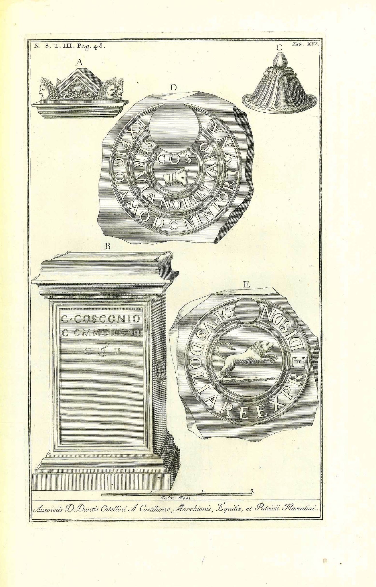 "Auspicus D. Dantis Catellini A. Castilione, Marchionis, Equitis, et Patricii Floentini"

Fine Copper engraving from "Utriusque thesauri antiquitatum romanorum&nbsp;graecarumque nova supplementa congesta ab Joanne Polano"

Giovanni Poleni (1683-1761) was an Italian mathematician, antiquarian and astronomer.

Published by Joann Baptist Pasquali in Venice 1737.

Original antique print
