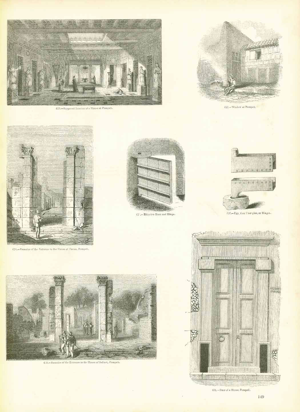 Architecture,&nbsp;Italy, Pompeii, Pompeji  Wood engravings of various archeological details in Pompeii.  Published ca 1875. On the reverse side is a long article  about the houses and excavations in Pompeii.  Original antique print