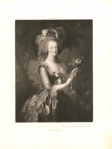 antique print, "Marie Antoinette with a Rose"  Photogravuire after a painting by Vigil Le Brun (actually: Elisabeth Vigee Le Brun (1755-1842)  Le Brun was a portrait painter, painting es specially portraits of women.  The painting of Marie Antoinette was done 1783.  The photogravure, soft and velvety like a mezzotint, was published by Appleton in New York, ca. 1870  Original antique print  