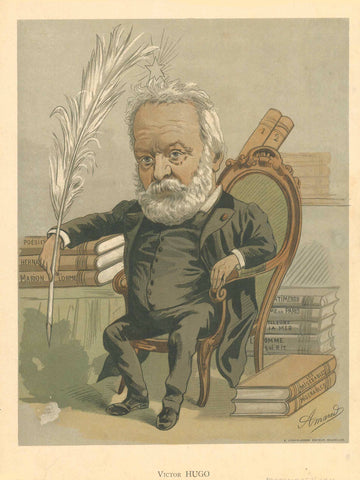 antique portrait, "Victor Hugo"  Tone-lithograph printed in color.  Artist: Armand (no further info)  Publication: "Musé des Hommes du Siècle"  Publisher: E. Lyon-Claesen  City: Brussels  Date: Ca. 1880  The album has 24 important personalities. Among them: Pasteur, Zola, Stanley, Jacques Offenbach, Emperor Franz-Joseph of Austria  Victor Hugo, the poet shown here in high age with over-dimensional head. A feather keel in his right hand, the tip pointing towards his own shadow