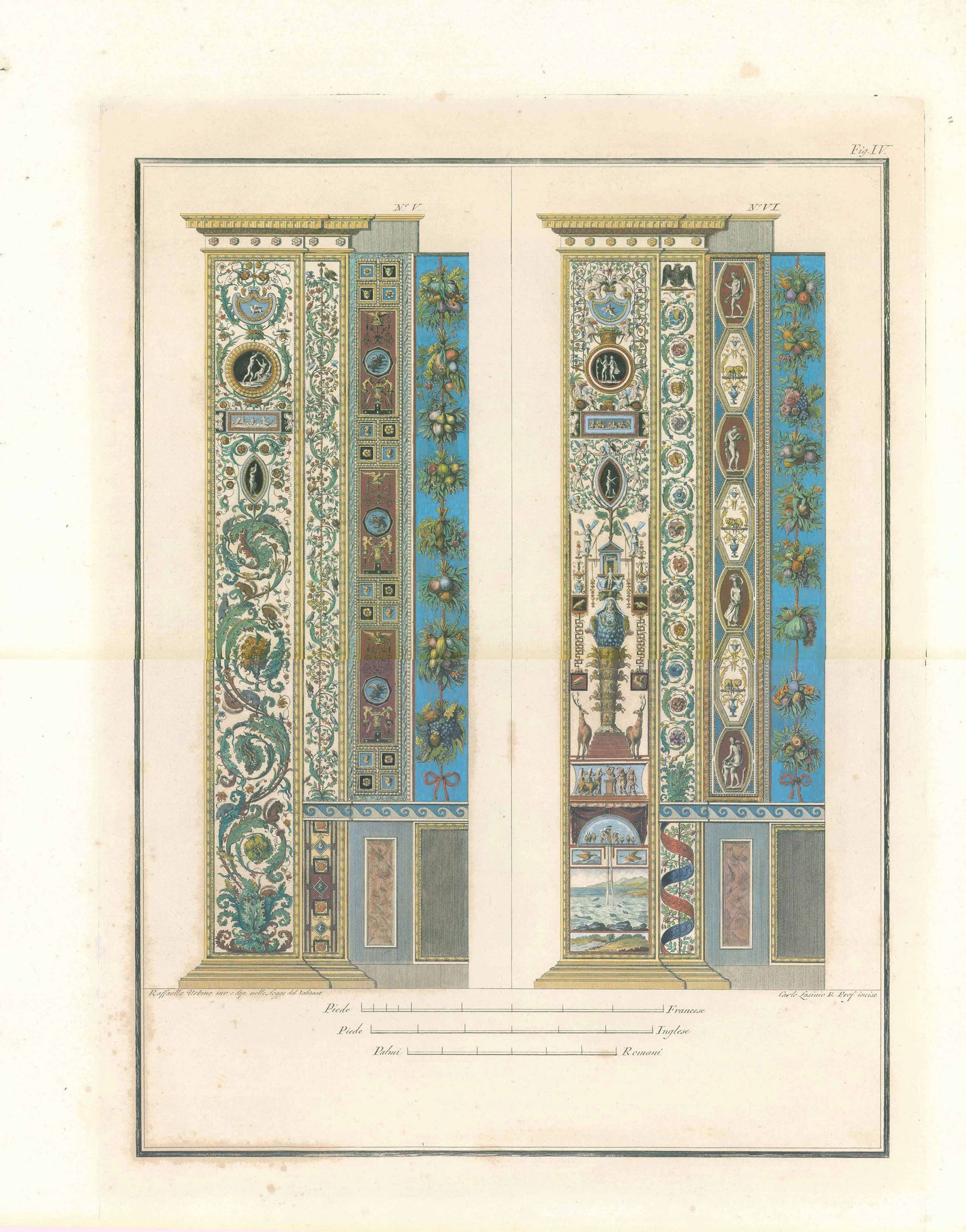 Vatican Loggie, Raffael, Raphael, Volpato  Pilasters V and VI  A few minor signs of age and use in margins.    Original antique print    The Vatican Loggie painted by Raphael (Raffael)  The Loggie del Vaticano are part of the three-story papal palace building, planned by Pope Julian II and finished by Pope Leo X.