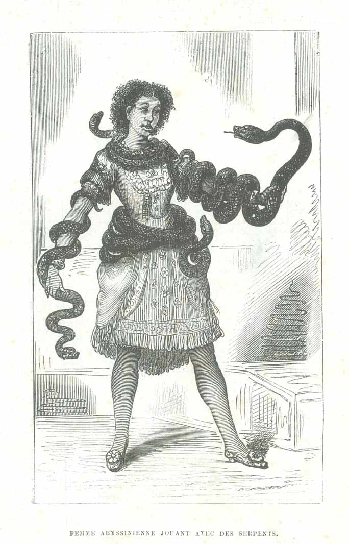 Original antique print  Reptiles, Peoples, Abyssinia, Ethiopia, Eritrea, Abyssinian, "Femme Abyssinienne Jouant Avec Les Serpents" (Abyssinian woman playing with snakes)