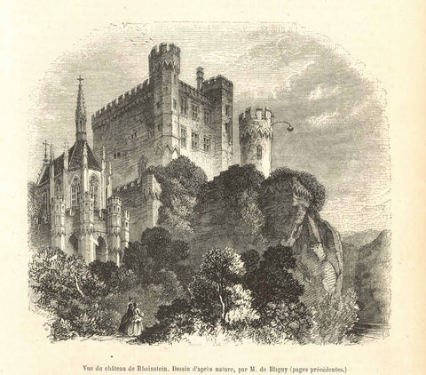 "Vue de chateau de Rheinstein"  Original antique print    Wood engraving published ca 1865.