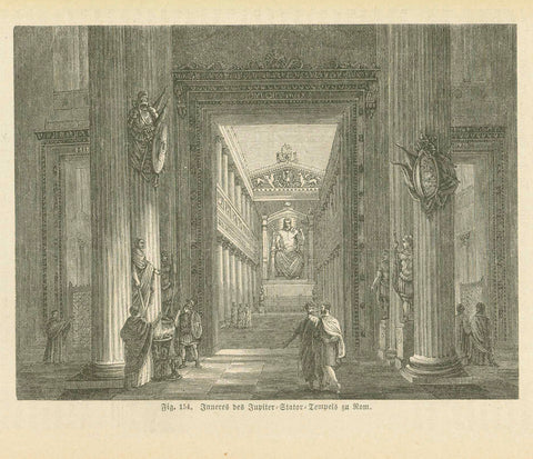 Antique print, "Inneres des Jupiter-Stator-Tempels zu Rom"  Rome, Jupiter-Sator Temple  Wood engraving on a page published 1876.  Original antique print  
