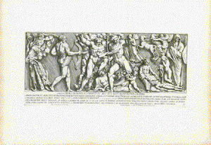 "Vita et Mors Hominis ex Fabulis et Mystica Antiquorum Philosophia"  Plate Nr. 66 - Left of a pair of copper etchings after the sculpture decorating the Column of Antoninus-Pius in Rome.  Allegorical scene of life and death. We see Minerva on the far left, Ceres with a cornucopia, Vulcan in his forge. Adam and Eve on the far right  This image was printed with a slant on the paper.  "Seguitur Mors Hominis ex Fabulis Mystica Antiquorum Philosophia"  Plate Nr. 67. 