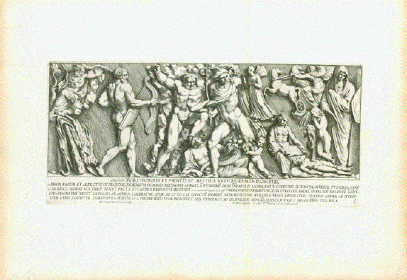 "Vita et Mors Hominis ex Fabulis et Mystica Antiquorum Philosophia"  Plate Nr. 66 - Left of a pair of copper etchings after the sculpture decorating the Column of Antoninus-Pius in Rome.  Allegorical scene of life and death. We see Minerva on the far left, Ceres with a cornucopia, Vulcan in his forge. Adam and Eve on the far right  This image was printed with a slant on the paper.  "Seguitur Mors Hominis ex Fabulis Mystica Antiquorum Philosophia"  Plate Nr. 67. 