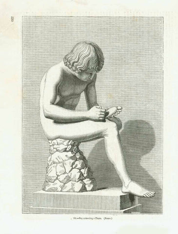 Original antique print  of the famous statue of the "Boy extracting a Thorn. (Rome)"  Boy with Thorn  Wood engraving published ca 1880.  Original antique print  