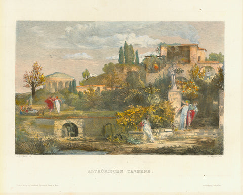 Original antique print  of Rome, "Altroemische Taverne"  Attractive steel engraving by W. Hecht after a painting by Arnold Boecklin ca 1870.  Pleasant hand coloring.