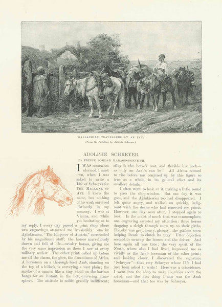 Original antique print  Horses, Peoples, Romania, Turk, Arab, Wallachian Travellers"Study of a Turk" Study of an Arab"  "Adolphe Schreyer"  3 separate pages of an article by Prince Bojidar Karageorgevitch published 1886.