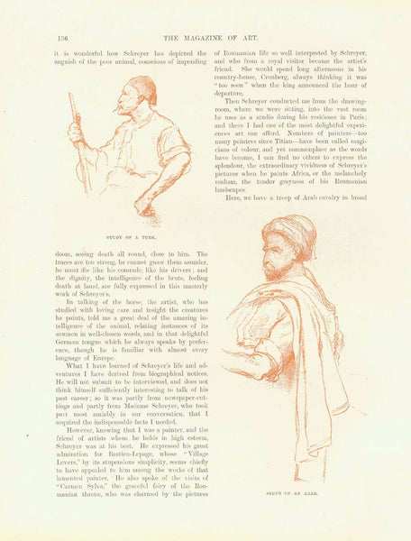Original antique print  Horses, Peoples, Romania, Turk, Arab, Wallachian Travellers, "Study of a Turk" Study of an Arab"  "Adolphe Schreyer"  3 separate pages of an article by Prince Bojidar Karageorgevitch published 1886.