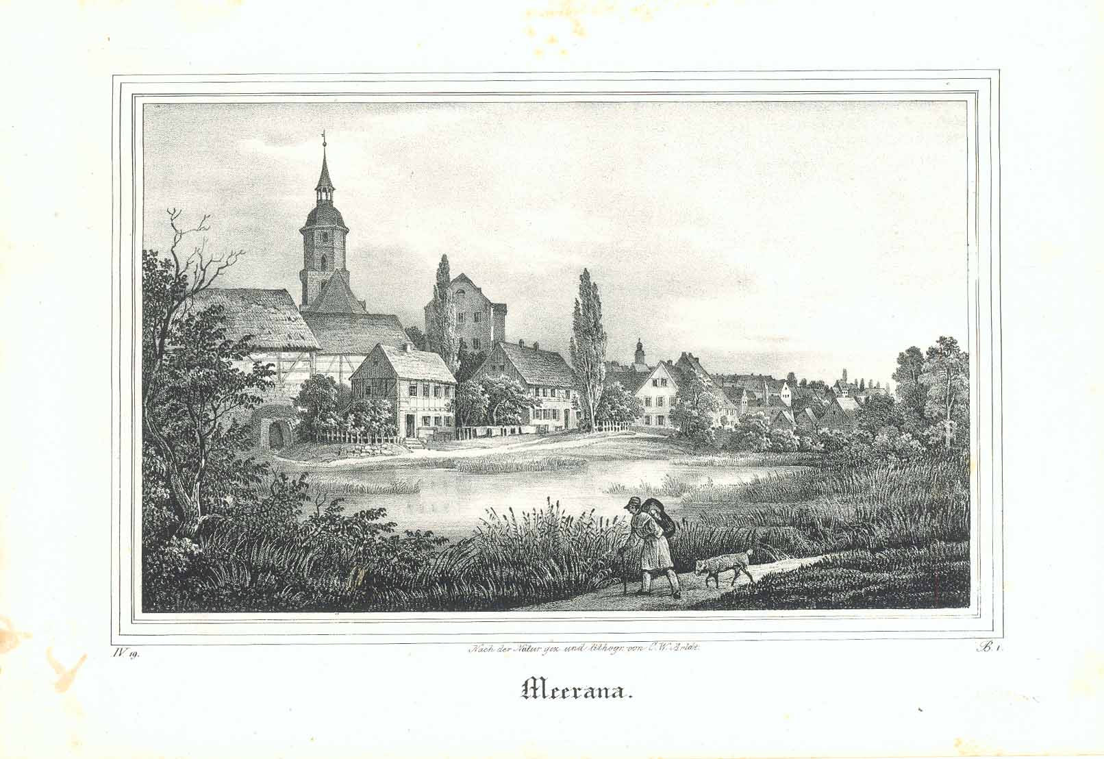 Original antique print  Germany,  Saxony, Meerane, Meerana, Zwickau, "Meerana"  Lithograph by Carl Wilhelm Arldt. Published 1839.