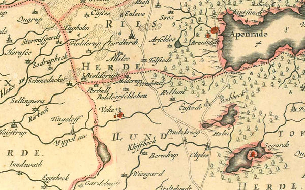Original antique map, "Nordertheil des Herzogthumbs Schleswig". Copper etching Johannes Mejerus (1606-1674). Published ca 1650. Later hand coloring.  For a 30% discount enter MAPS30 at chekout   This map shows the northern region of Schleswig In the lower right is Als and in the lower left is Sylt. In the upper right is Middlefart. In the upper left is Vaarde.  Original antique print  