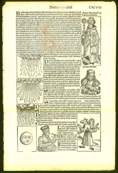 Original antique print  Sexta etas mundi page CXCVIII (198)

Type of print: Woodcut

Black &amp; white

Publication: Nuremberg Chronicle

Author: Hermann Schedel (1440-1514)

Edition: Latin edition

Printed: Nuremberg, 1493

Main part of page is devoted to a portrait of St. Bernard of Clervaux

Other images:

Symbolized rain, thunder, hail. The moon with a human face.

A man by the name Johannes (John at the time of Charlemagne)

Holding in his hand one of the first ever printed looking glasses