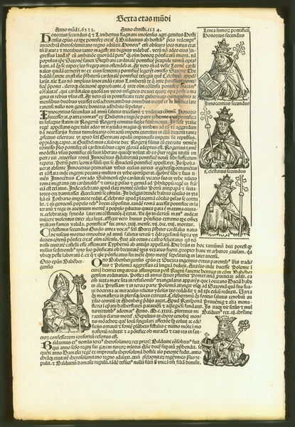 Original antique print  Sexta etas mundi page CXCVIII (198)

Type of print: Woodcut

Black &amp; white

Publication: Nuremberg Chronicle

Author: Hermann Schedel (1440-1514)

Edition: Latin edition

Printed: Nuremberg, 1493

Main part of page is devoted to a portrait of St. Bernard of Clervaux

Other images:

Symbolized rain, thunder, hail. The moon with a human face.

A man by the name Johannes (John at the time of Charlemagne)

Holding in his hand one of the first ever printed looking glasses