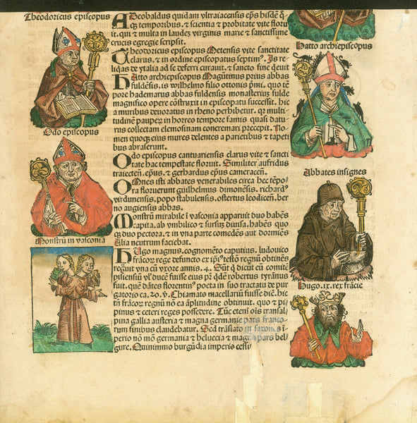 Original antique print  of Religious, Schedel, City Views, Nuremberg Chronicle, Siamese Twins, Vasconia, Basque Country, Hugo the Great, Adalbert of Bohemia