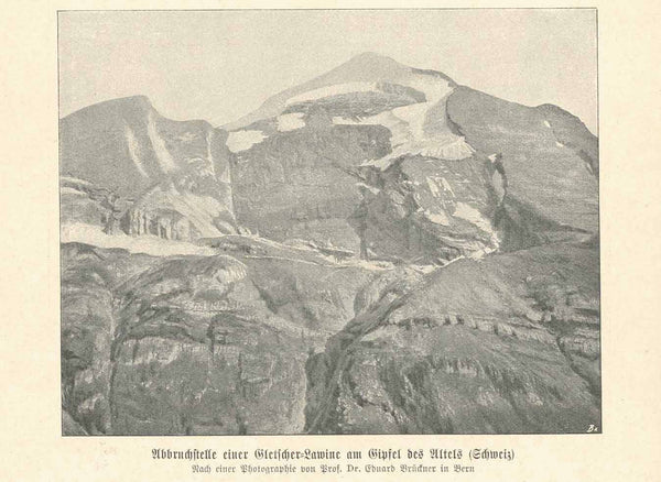 "Abbruchstelle einer Gletscher-Lawine am Gipfel des Altels (Schweiz) On a page of text about glaciers and avalanches.  'Schnee Waechte in den Alpen"  Original antique print  
