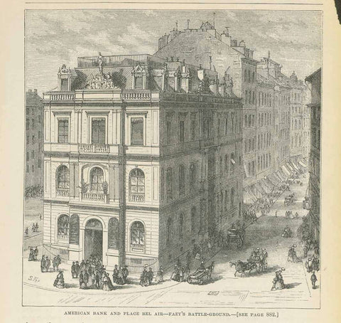 Antique City View, Switzerland, Geneva, Place Bel-Air, American Bank, Fazi's Battle-Ground, "American Bank and Place Bel-Air, Fazi's Battle-Ground"  Geneva  Wood engraving published 1872. On the reverse side is an image of the National Monument.