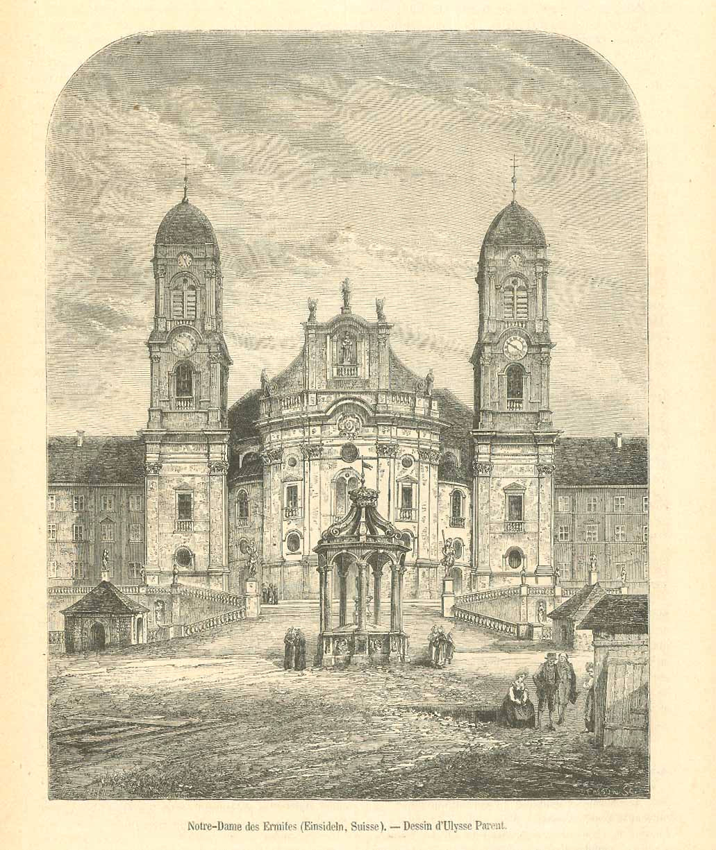 "Notre-Dame des Ermites (Einsideln, Suisse)  16 x 14.5 cm ( 6.2 x 5.7")  Two separate pages with text and images about Einsiedeln published 1874.  Original antique print&nbsp;&nbsp;