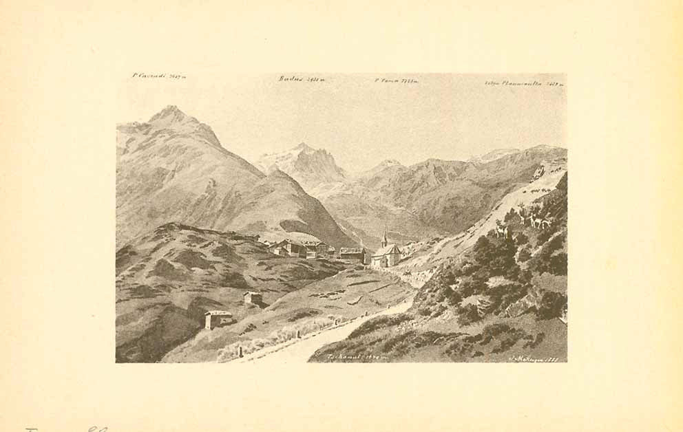 Original antique print  "Tschamut 1640m"  At the top of the image are the names and elevations of the mountains in the backgraound.  Heliogravure after J. M. Steiger 1893. 