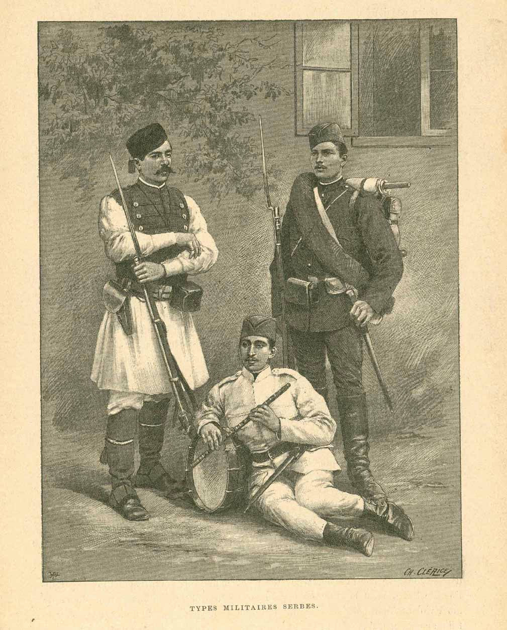 Original antique print  Peoples, Serbia, Serbs, Soldiers, "Types Militaires Serbs"  Wood engraving published ca 1890. On the reverse side is text about Montenegro and the land along the Adriatic Sea.