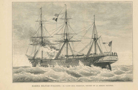 Original antique print  of the "Marina Militar Italiana. - El Yacht Real "Saboya" Crucero De La Armada Nacional"  Italian war ship  Wood engraving published 1883.