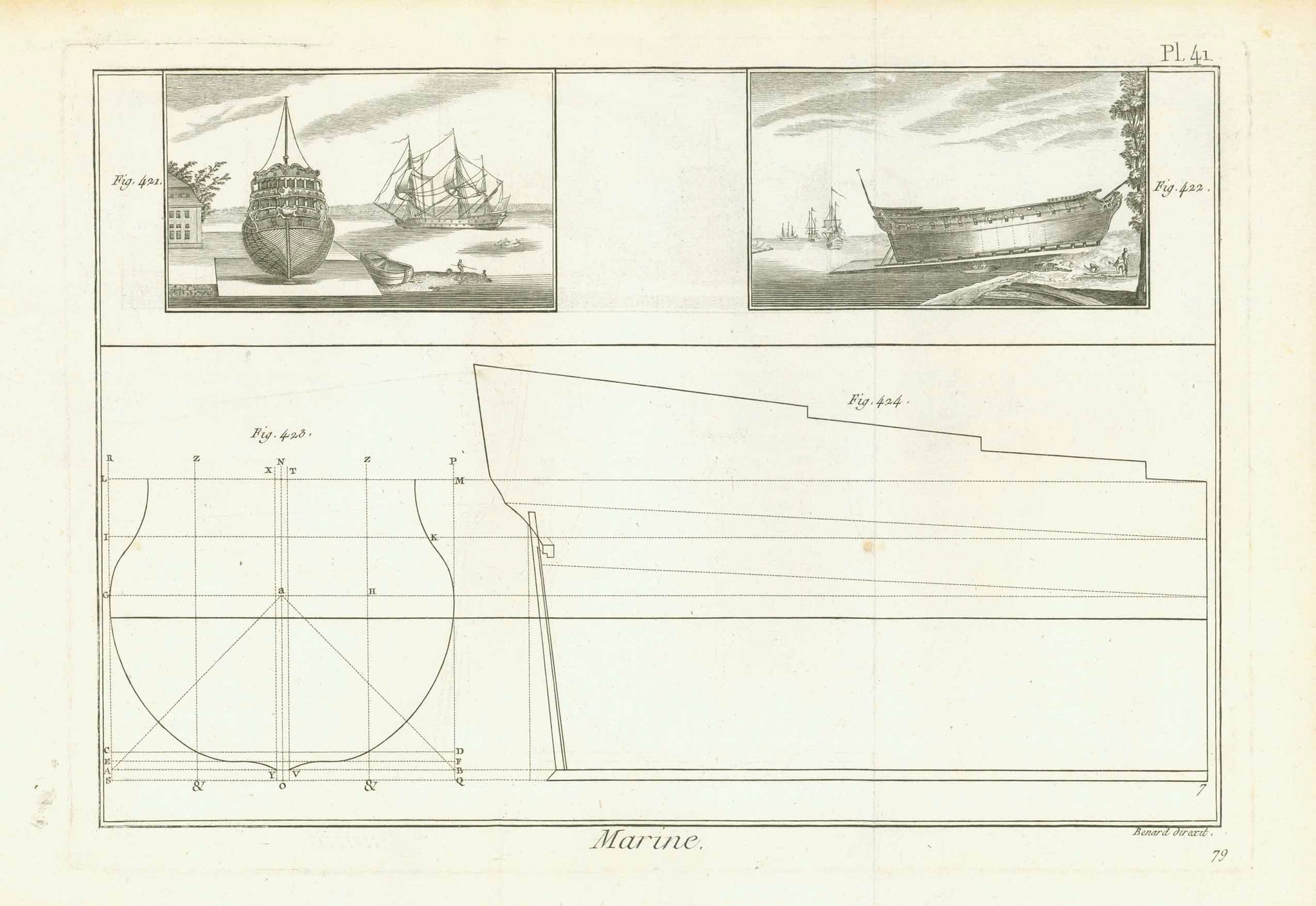 Original antique print  Ships, Technology, Ship Architecture, Marine,   "Marine"  Copper engraving by Benard ca 1780.