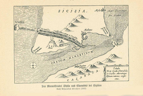 Antique map, "Der Meeresstrudel Skylla und Charybdis bei Sizilien"  For a 30% discount enter MAPS30 at chekout   Skylla and Charybdis are two whirlpools in the Strait of Messina according to a legend that were first mentioned in the "Odyssey" by Homer. The saying "between Skylla and Charybdis" means being forced to choose between two equally difficult situations.  This map was made after an early map by Athanasius Kircher in 1665 