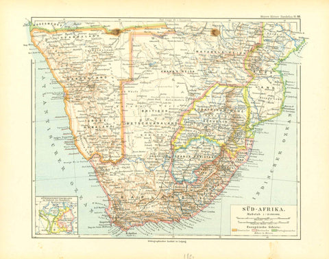Original antique map, "Sued-Afrika"  Detailed map published in Leipzig, 1892. In the lower left corner is an inset of Southwestern Germany to compare with the size of South Africa.