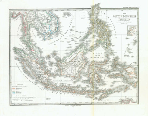 "Die Ostindischen Inseln" - Southeast Asia, Malaysia  Steel engraving by F. von Stuelpnagel and Herm. Berghaus for Stieler dated 1871. In the upper right is a small inset showing the Netherlands as a size comparison.  For a 30% discount enter MAPS30 at chekout   Original hand outline coloring.  Detailed map of the East Indian Islands with coloring showing their Colonial connections at the time.