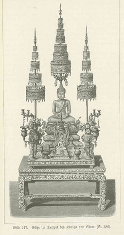 Antique print, Buddhism  "Goetze im Tempel des Koenigs von Siam" (altar in the temple of the King of Siam)   Original antique print    Wood engraving ca 1895.