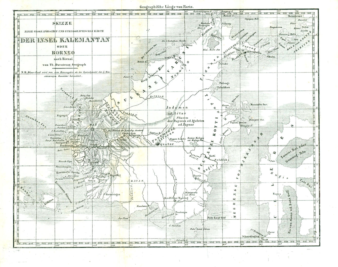 Original antique map . Indonesia, Philippines, Malaysia, Brunei, Sulawesi, Jolo, Borneo, - "Skizze der Insel Kalemantan oder Borneo"

For a 30% discount enter MAPS30 at chekout&nbsp;

Steel engraving by Thunot Duvotenay (1796-1875)

Published in "Welt-Gemälde-Gallerie" - "Ozeanien"
Stuttgart, 1838