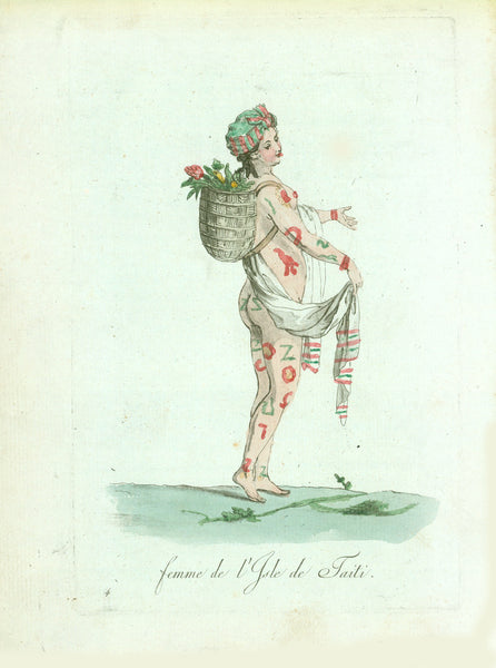 "Homme de Taeti" and "Femme de l'Isle de Taiti"

Copper etchings with original hand-coloring of a woman and a man from the Island of Tahiti with colorful tattoos.

Tattoos, we understand, originate from the Island of Tahiti and spread from there into many islands of the South Pacific.

These copper etchings with their rare original hand color were etched by Jacques Grasset de Saint-Sauveur (1757-1810). Published in "Costumes civils actuels de tous les peuples connus", Paris, 1788.
