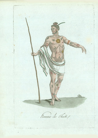 "Homme de Taeti" and "Femme de l'Isle de Taiti"

Copper etchings with original hand-coloring of a woman and a man from the Island of Tahiti with colorful tattoos.

Tattoos, we understand, originate from the Island of Tahiti and spread from there into many islands of the South Pacific.

These copper etchings with their rare original hand color were etched by Jacques Grasset de Saint-Sauveur (1757-1810). Published in "Costumes civils actuels de tous les peuples connus", Paris, 1788.